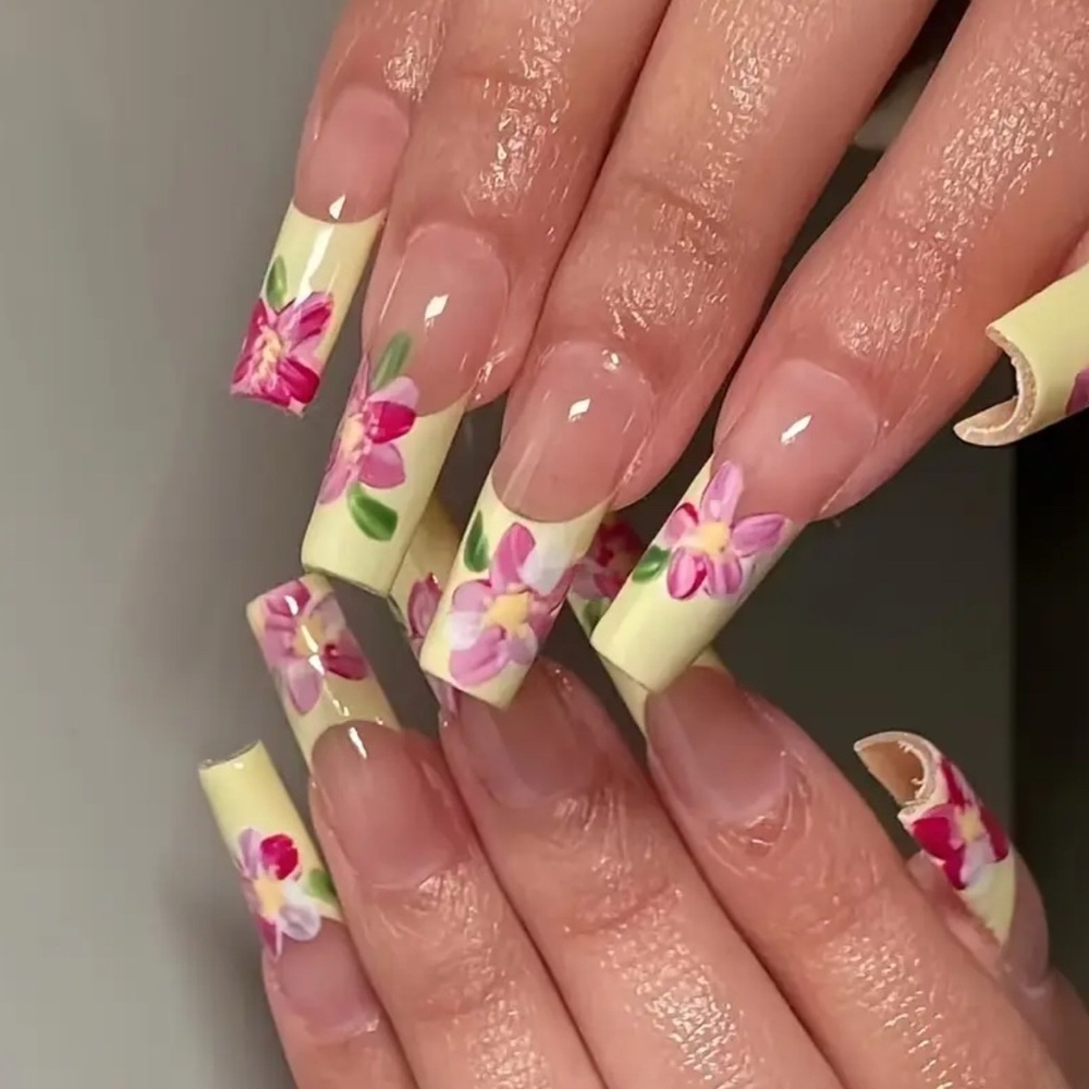 Yellow French Tip & Pink Floral Press On Nail Art Reusable Long Length NWT
